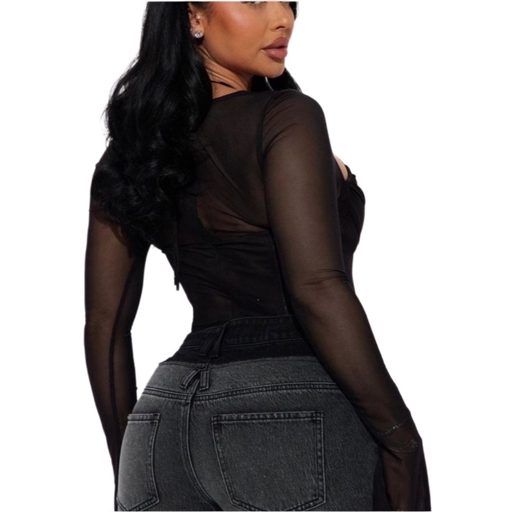 Black Strappy Corset Top with Long Sleeves - Picture 4 of 4